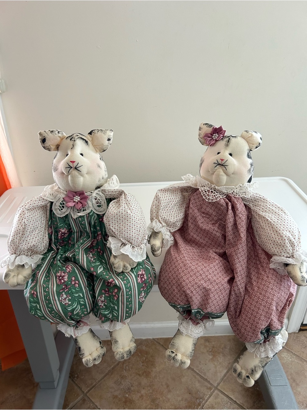 Set of Two Fabric Cat Dolls in Green and Mauve